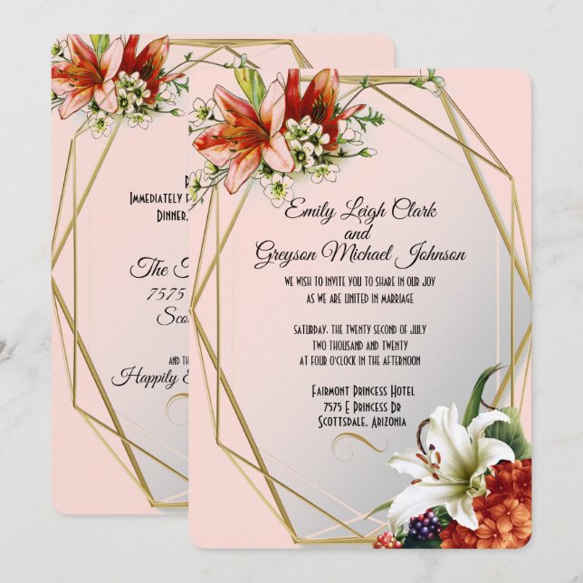 Invitación Marco geométrico con Boda de lirios tropicales (Anverso / Reverso)