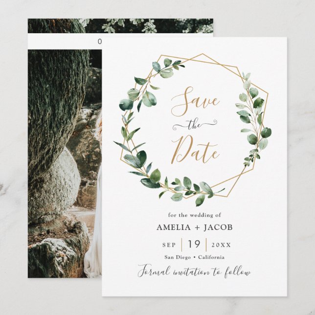 Invitación Marco geométrico de Eucalyptus verde Guardar la fe (Anverso / Reverso)