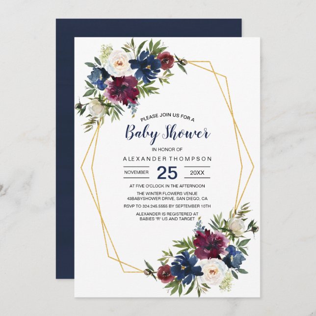 Invitación Marco geométrico de la Marina de Borgoña Flores Ba (Anverso / Reverso)