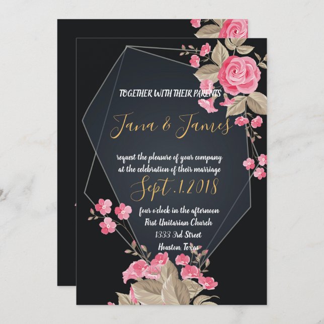 Invitación Marco geométrico de moda negro y oro (Anverso / Reverso)