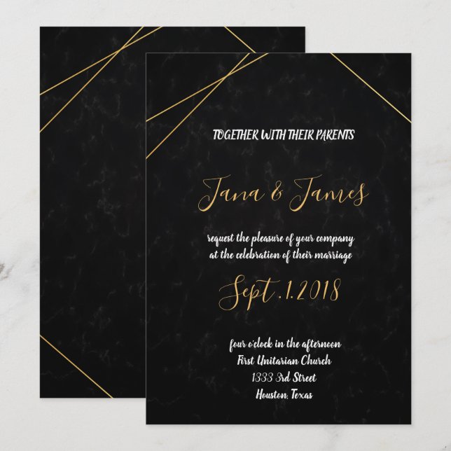 Invitación Marco geométrico de moda negro y oro (Anverso / Reverso)