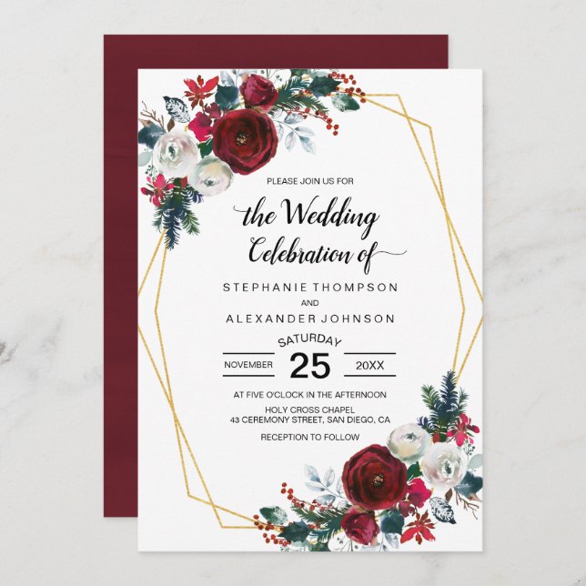 Invitación Marco geométrico de oro Flores de invierno de Borg (Anverso / Reverso)