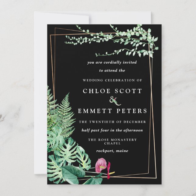 Invitación Marco geométrico de oro tropical Boda blanco negro (Anverso)