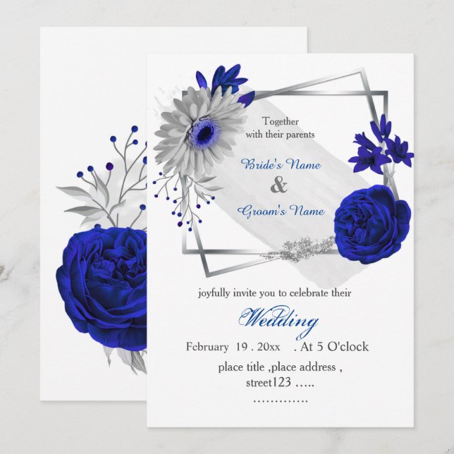 Invitación marco geométrico de plata de flores azules reales (Anverso / Reverso)