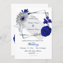 Invitación marco geométrico de plata de flores azules reales
