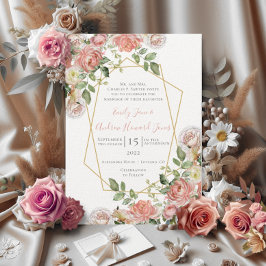 Invitación Marco geométrico del oro del Rosa floral de coral