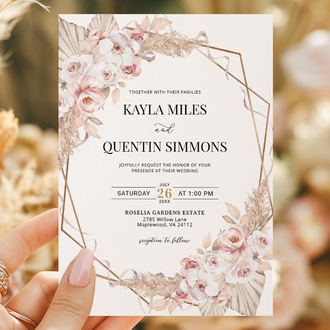 Invitación Marco geométrico dorado boho de hierba de Pampas c (Subido por el creador)
