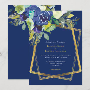 Invitación Marco geométrico dorado floral acuarela navy chic