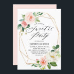 Invitación Marco geométrico dorado Florales rosadas dulce 16<br><div class="desc">Florales de color de agua rosada con marco geométrico de oro dulce 16 invitaciones de fiesta. Personalizable dulce dieciséis invitaciones con acuarela romántico ramo de flores rosadas y blancas con vegetación y marcos geométricos de Relieve metalizado de oro falso. Esta invitación floral dulce de dieciséis es perfecta para duchas de...</div>
