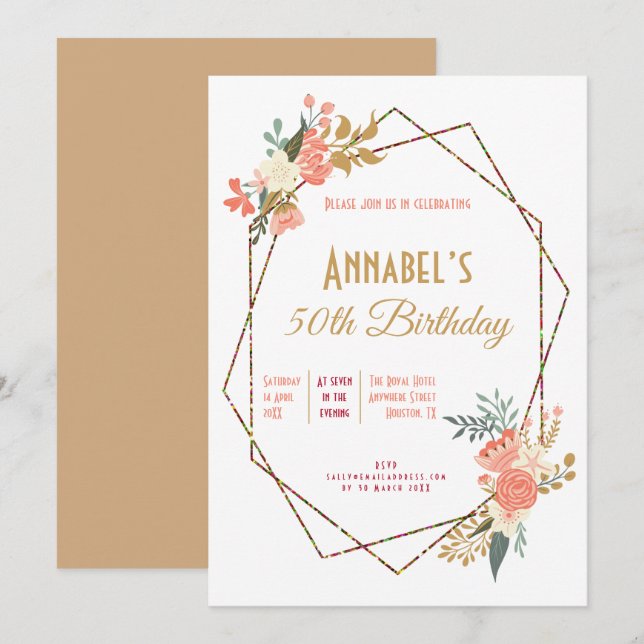 Invitación Marco geométrico floral de Ambrose Coral 50 cumple (Anverso / Reverso)