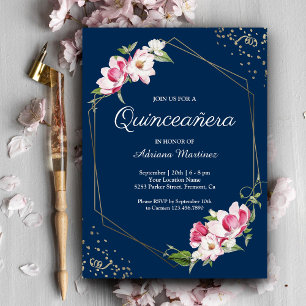 Invitación Marco geométrico floral Quinceañera azul marino