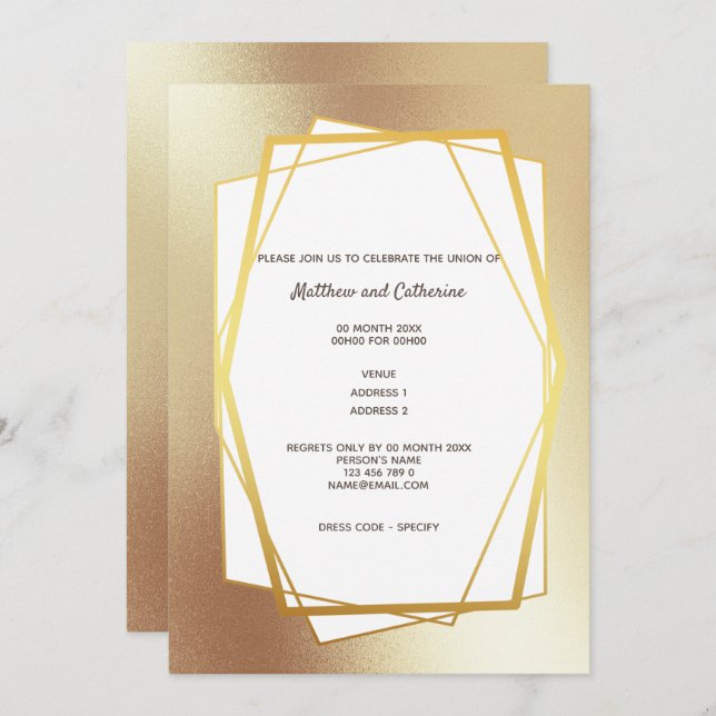 Invitación Marco geométrico hexagonal minimalista dorado (Anverso / Reverso)