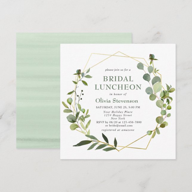 Invitación Marco geométrico moderno Eucalyptus BRIDAL LUNCHEO (Anverso / Reverso)