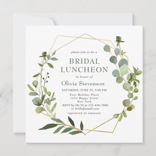Invitación Marco geométrico moderno Eucalyptus BRIDAL LUNCHEO (Anverso)