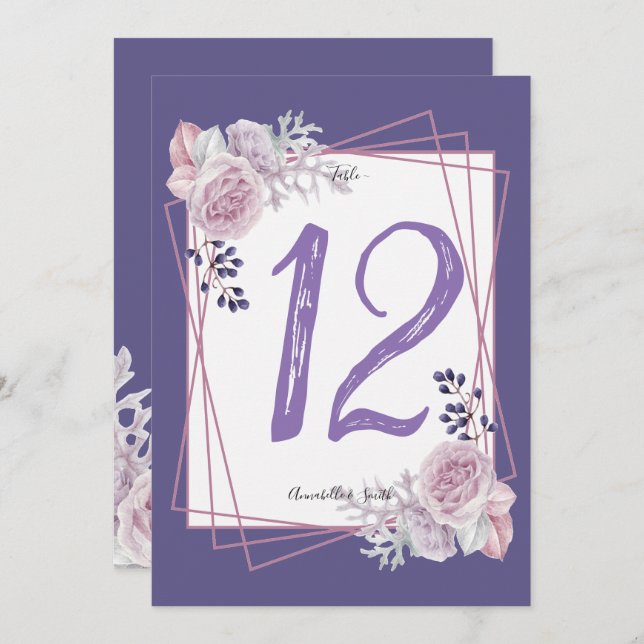 Invitación Marco geométrico moderno floral púrpura número de  (Anverso / Reverso)