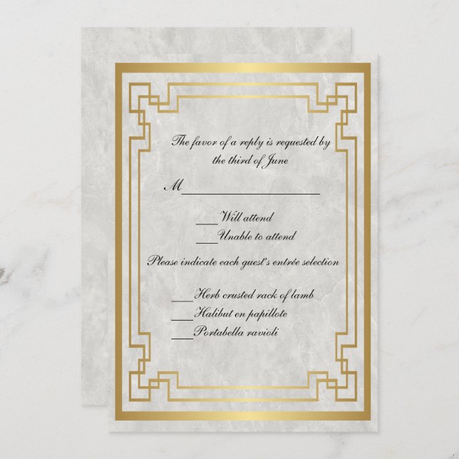 Invitación Marco geométrico oro Boda de mármol blanco RSVP (Anverso / Reverso)