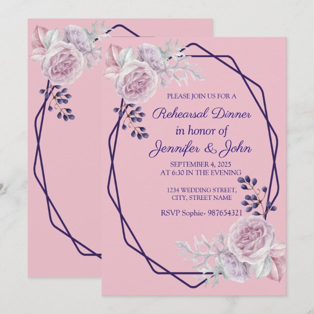 Invitación Marco Geométrico Pink Peonies Purple (Anverso / Reverso)