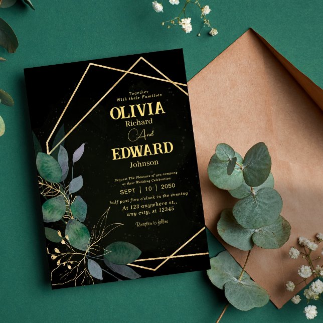 Invitación Marco geométrico verde y hojas de oro boda (Subido por el creador)