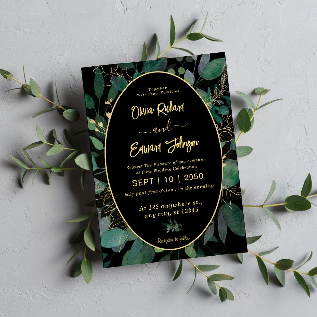 Invitación Marco geométrico verde y hojas de oro negro (Subido por el creador)