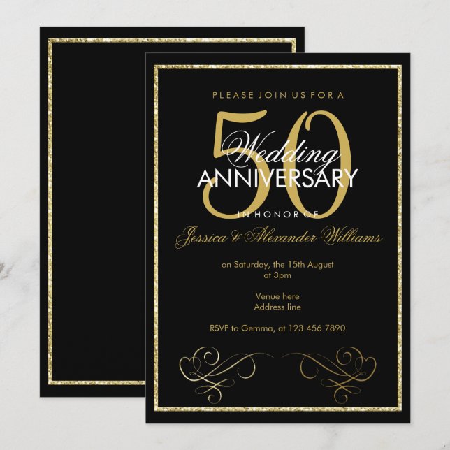 Invitación Marco Glamuroso Dorado con Brillo para Bodas de 50 (Anverso / Reverso)