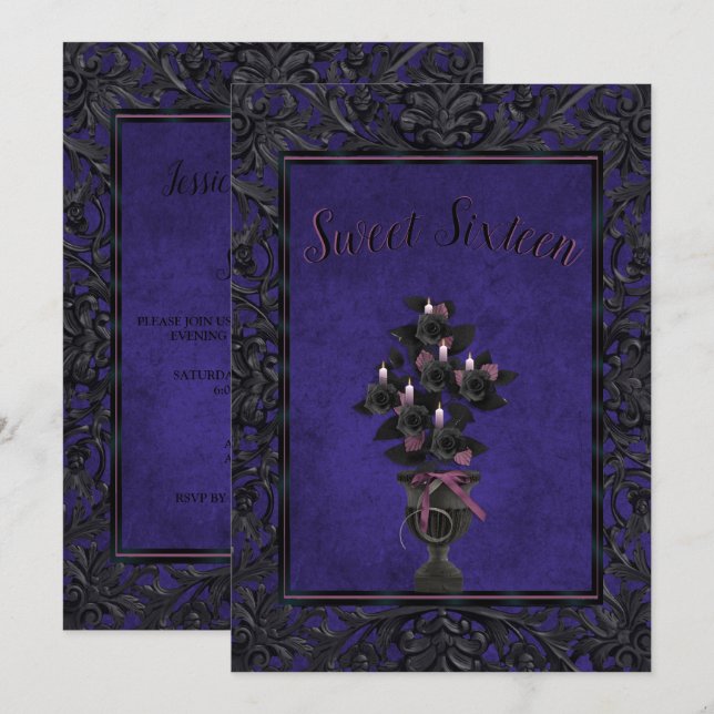 Invitación Marco gótico azul Rosa negro y velas dulces 16 (Anverso / Reverso)