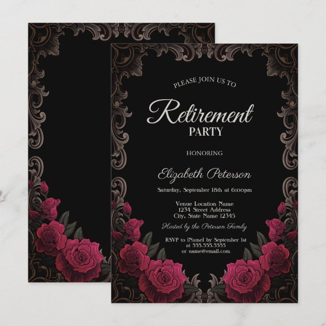 Invitación Marco gótico de rosas rojas para fiesta de jubilac (Anverso / Reverso)