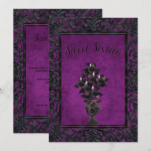 Invitación Marco gótico morado Rosa negro y velas dulces 16