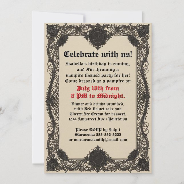 Invitación Marco gótico negro sobre pergamino Cumpleaños de a (Anverso)