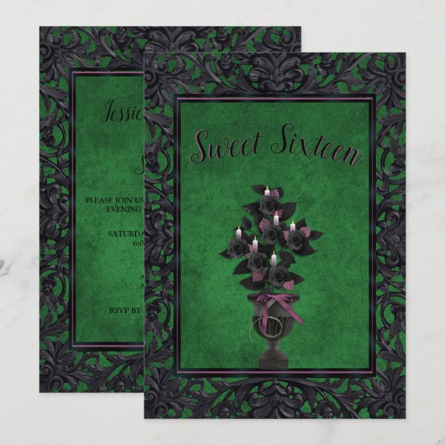 Invitación Marco gótico verde Rosa negro y velas dulces 16 (Anverso / Reverso)