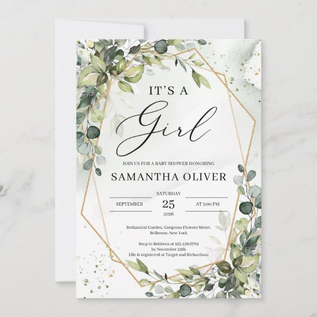 Invitación Marco hexagonal de oro de follaje verde Es un chic (Anverso)