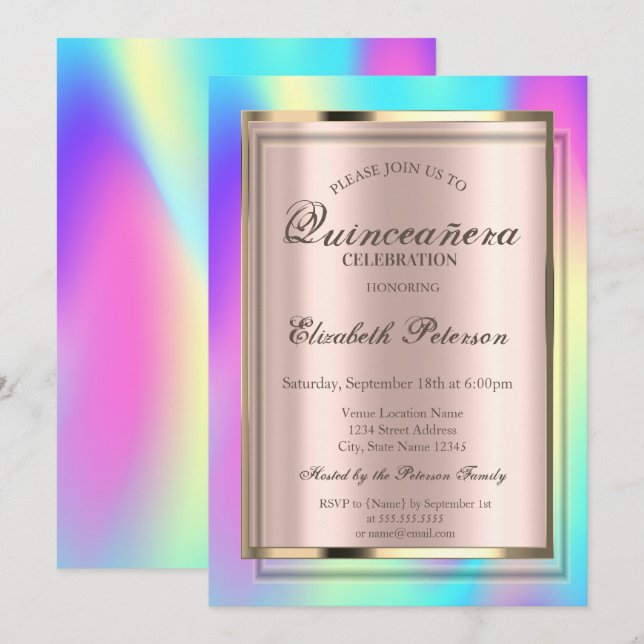 Invitación Marco Holográfico Ombre Coloroso Quinceañera (Anverso / Reverso)