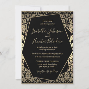 Invitación Marco metálico elegante de Damasco negro y dorado