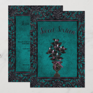 Invitación Marco Metalizado gótico Rosa negro y velas dulces 