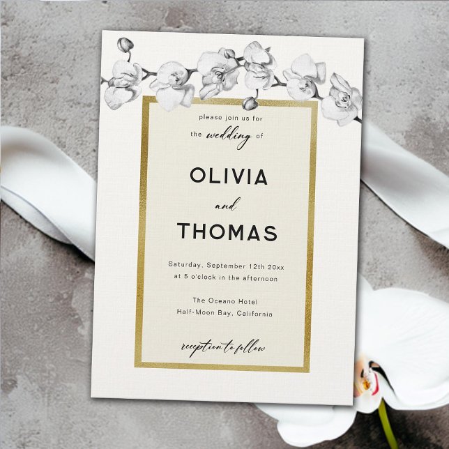 Invitación Marco moderno Boda de oro de orquídeas blancas neg (white orchids black white gold frame modern wedding invitation elegant boho romantic formal classy)