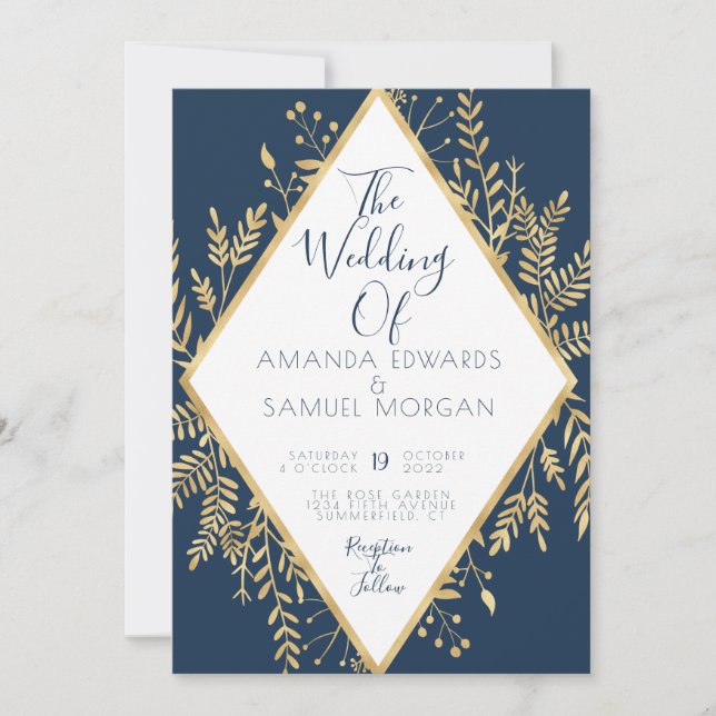 Invitación Marco moderno de azul y dorado (Anverso)