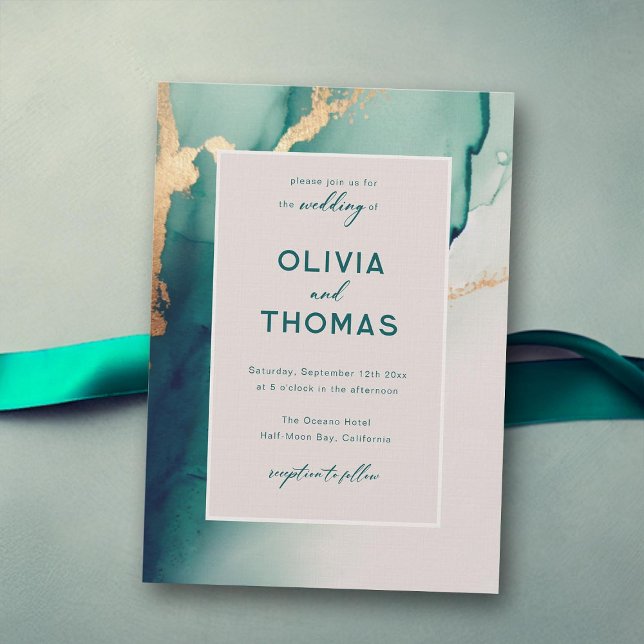 Invitación Marco Moderno Esmeralda Elegante Boda Sencilla de  (emerald green gold wedding invitation modern ocean beach waves elegant bohemian romantic boho chic)