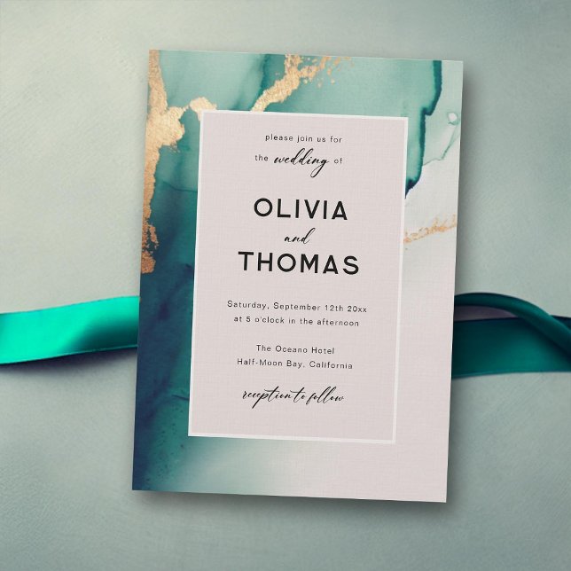 Invitación Marco moderno Esmeralda Elegante Moda Boda de play (emerald green wedding invitation modern frame beach ocean waves gold romantic elegant bohemian)
