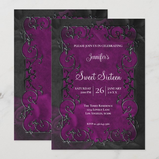 Invitación Marco morado ornamentado  Dulces 16 góticos (Anverso / Reverso)