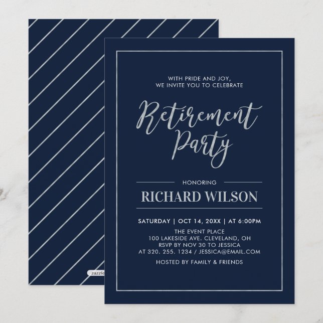 Invitación Marco Naval y plateado | Fiesta de Jubilación Mode (Anverso / Reverso)