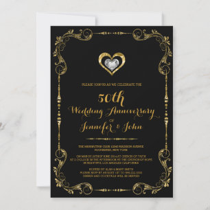 Invitación Marco negro y dorado, aniversario de plata del cor