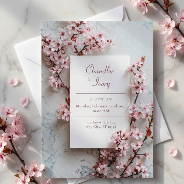Invitación Marco Nupcial Botánico Grey Marble Pink Sakura (Subido por el creador)