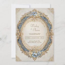 Invitación Marco Nupcial Oval Ornate Barroco de Oro Azul Real