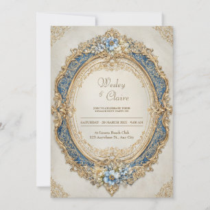 Invitación Marco Nupcial Oval Ornate Barroco de Oro Azul Real
