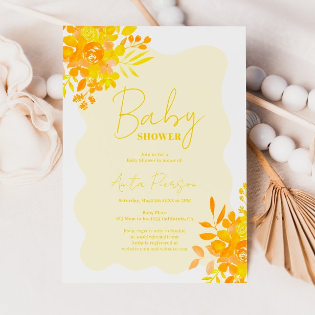 Invitación Marco ondulado amarillo caliente boho ducha de beb (Hot yellow wavy frame boho floral baby shower invitation)