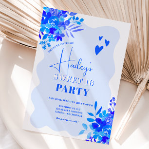 Invitación Marco ondulado azul caliente boho floral Sweet 16