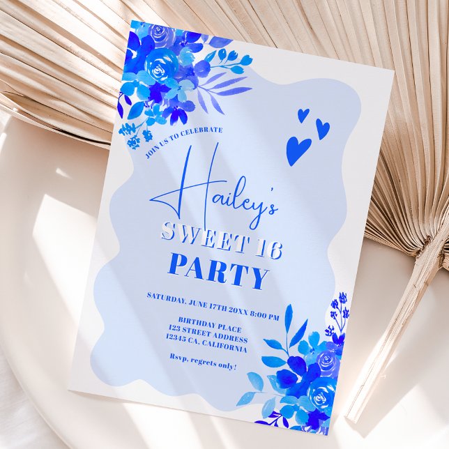 Invitación Marco ondulado azul caliente boho floral Sweet 16 (Subido por el creador)
