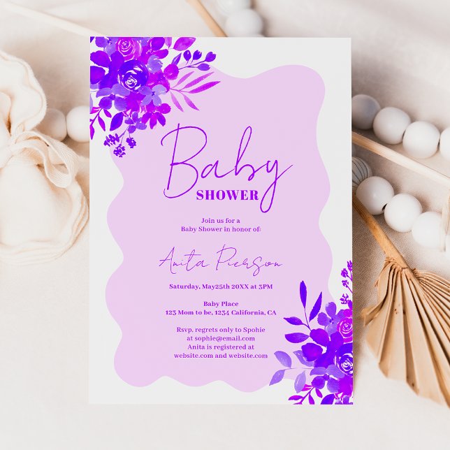 Invitación Marco ondulado morado caliente boho ducha de bebé  (Hot purple wavy frame boho floral baby shower invitation)