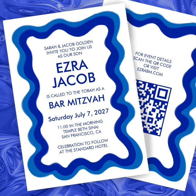 Invitación Marco ondulado Personalizado moderno QR CODE Bar B (Wavy Frame Modern Custom QR CODE Bar Bat Mitzvah Invitation
)