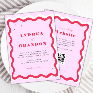 Invitación Marco ondulado retro Código QR 70s Todo en un Boda
