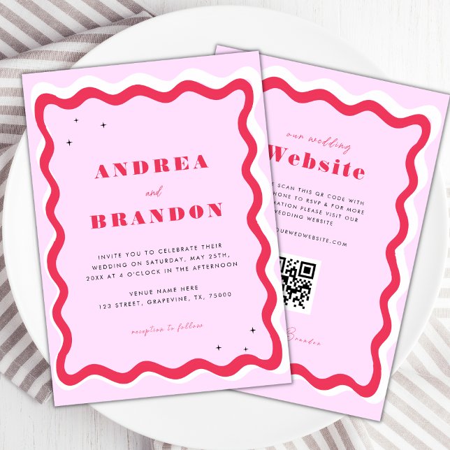 Invitación Marco ondulado retro Código QR 70s Todo en un Boda (Subido por el creador)